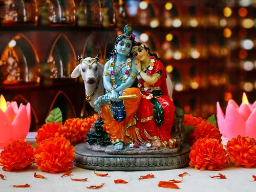 Miniatura 4 de BangBangDa Estatua hindú Murti Radha Krishna – 6.6 pulgadas de alto Polystone Dios indio Radha Krishna ídolo con vaca para cumpleaños, Diwali