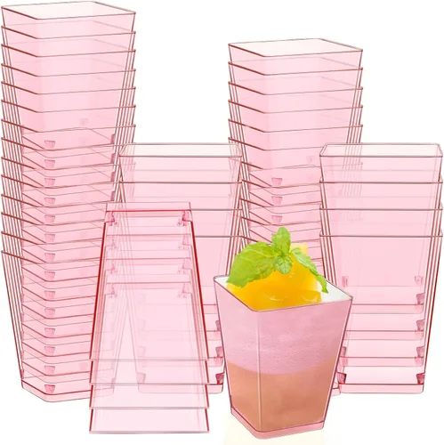 Mifoci 50 tazas de plástico de 5 onzas para postre de color rosa para fiestas, mini tazones cuadrados desechables para postre, cuencos de parfait
