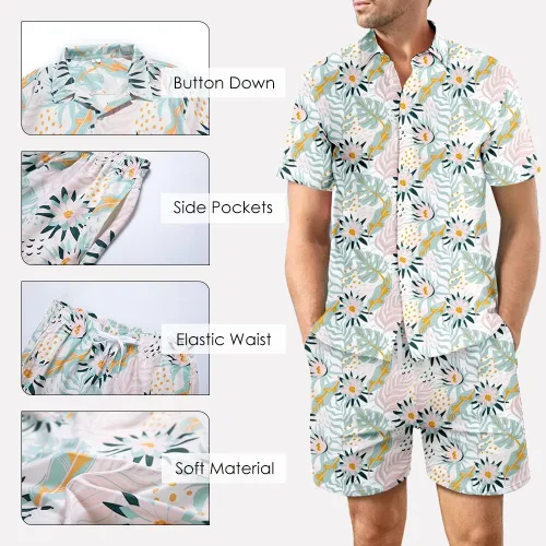 Miniatura 4 de DUOFIER Conjunto de camisa hawaiana para hombre, 2 piezas, estampado floral, conjunto de ropa de vacaciones para la playa