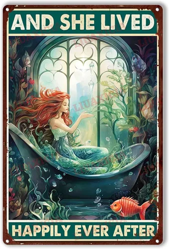 Miniatura 18 de LIUAXICIA Letrero de lata retro con diseño de sirena y ella vivió feliz para siempre, para decoración del hogar, 8 x 12 pulgadas, pintura de lata