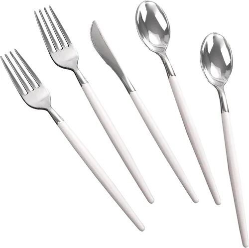 Miniatura 12 de MirthMood - 36 cubiertos de plástico dorados, cubiertos dorados desechables, utensilios desechables resistentes, juego de cubiertos de plástico