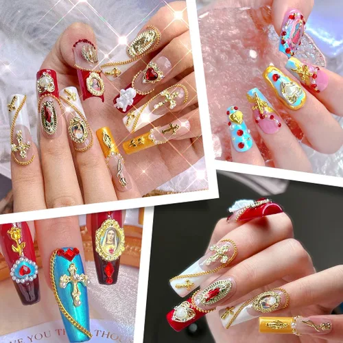 Miniatura 3 de 65 piezas de dijes de uñas de la Virgen María, cruz dorada, 3D, corazón, ángel, flor de rosa, aleación, diamantes de imitación, para arte de uñas