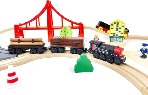 Miniatura 5 de Tren motorizado para pista de madera, juego de 3 piezas de tren de juguete para niños y niñas de 3, 4, 5+ años, tren con batería compatible