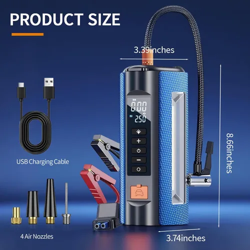 Miniatura 8 de Arrancador de emergencia con compresor de aire, arrancador de batería de coche de 2500A, kit de cables de puente reforzador de coche de 12V