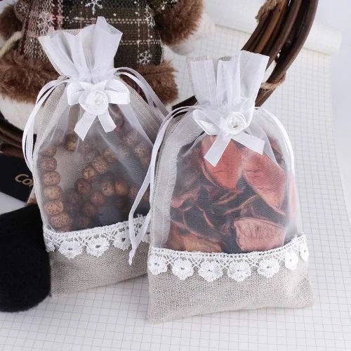 Miniatura 6 de SumDirect Bolsa de arpillera con cordón de rosa, 20 bolsas de regalo de organza de yute de encaje de 4 x 6 pulgadas, bolsas de regalo de lino