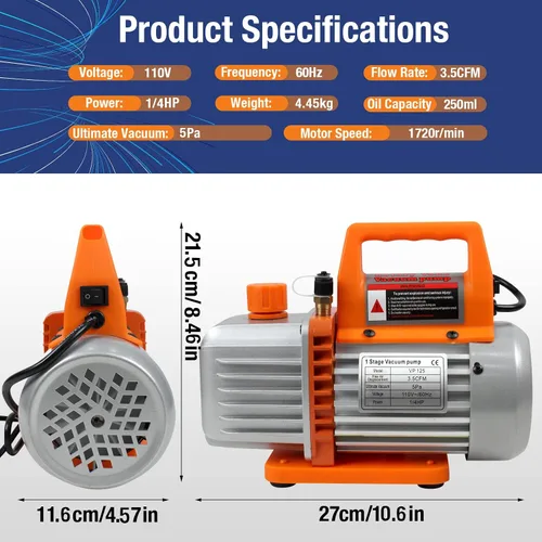 Miniatura 2 de BACOENG 3.5 CFM Bomba aspiradora, 110V 1/3 HP Bomba aspiradora giratoria de paletas de una etapa para HVAC con aceite, para recarga de refrigerante