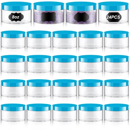 Miniatura 25 de Dandat 24 piezas 8 oz tarro de plástico con tapa y etiqueta recargable, contenedor redondo transparente vacío con muestras cosméticas PET blancas