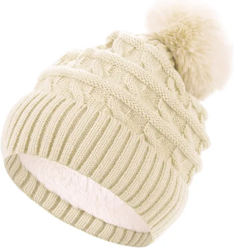 Sibba Gorro de invierno para mujer, gorro térmico con forro polar para mujer, sombreros de lana de punto con pompones de piel sintética