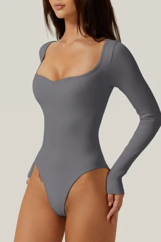 Miniatura 3 de Meyeeka Body de manga larga con cuello corazón para mujer, sin costuras, básica, elástica