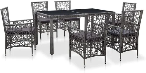 Ensemble de salle à manger extérieur 7 pièces en rotin polyéthylène gris avec table en verre trempé et coussins, pour jardin, terrasse ou patio,