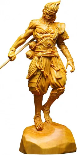 Miniatura 8 de Estatua de rey mono Wukong tallada en madera de boj natural (chapado en oro)