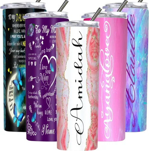 Miniatura 9 de Vaso delgado personalizado con tapas y pajitas con nombre impreso, vasos aislados personalizados de 20 onzas para mamá, mujeres y hombres