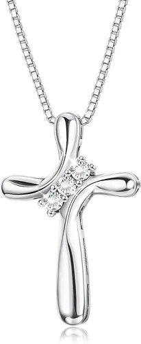 FUNRUN JEWELRY Collar con colgante de cruz de plata de ley 925 para mujer colgante de circonita cúbica de 3 piedras con cadena de caja de 0039in 177