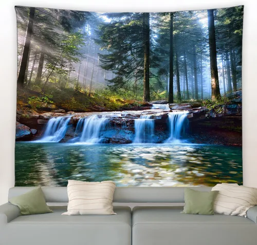 Miniatura 2 de QWRSMYX Tapiz de cascada de bosque, selva tropical, paisaje natural, selva, árbol verde, río, piedra, paisaje, decoración del hogar, arte
