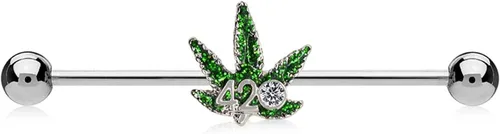 Pierce2GO 420 Weed - Piercing de oreja industrial de acero inoxidable de grado quirúrgico 316L con circonita cúbica, piercing de oreja con colgante