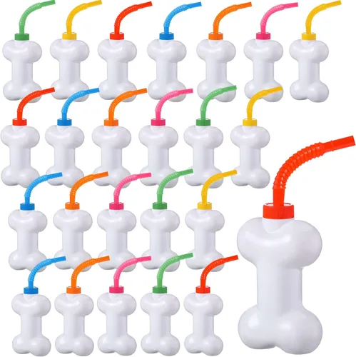 Eaasty Juego de 24 tazas de hueso de perro con pajitas y tapas, de plástico de 10 onzas, reutilizables, con forma de hueso de perro, para niños,