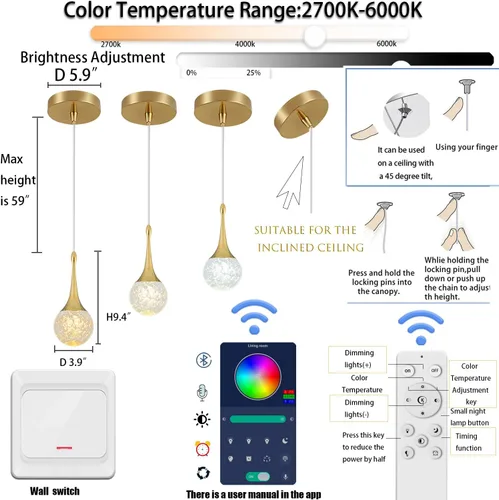 Miniatura 3 de Lámpara colgante Flashing God de oro con 1 luz en forma de lágrima y cristal, lámpara colgante integrada con burbuja de cristal para isla de cocina