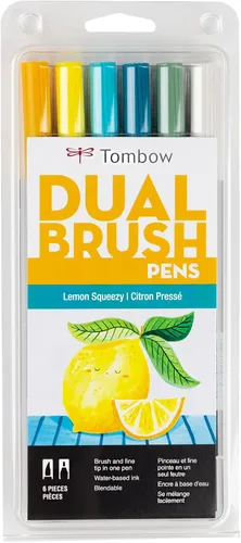 Tombow 56238 Marcadores artísticos de doble pincel, limón Squeezy, paquete de 6. Marcadores mezclables, con pincel y punta fina