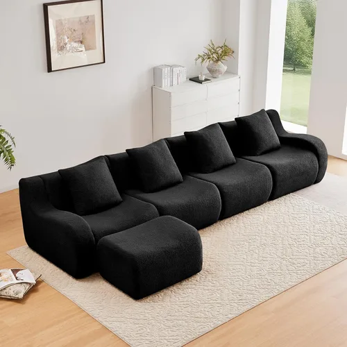 Miniatura 31 de Otomana de tela de peluche negra, moderno reposapiés modular sin hueso en una caja para sala de estar, cómodo diseño de asiento profundo,