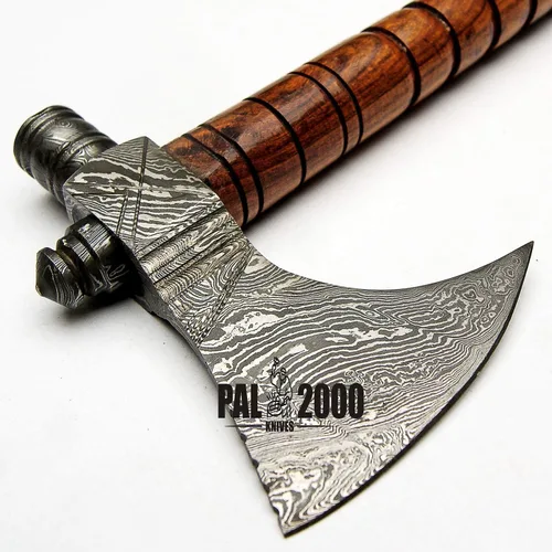 Miniatura 4 de Hacha de acero de Damasco hecha a mano, hacha de hacha Tomahawk, cuchillo, mango de madera de rosa maciza, pulgadas, hacha