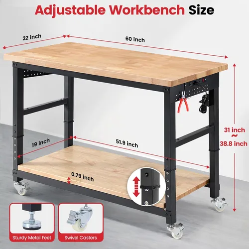 Miniatura 8 de ENJOYWOOD Banco de trabajo para garaje, bancos de trabajo ajustables con almacenamiento, banco de trabajo de garaje de 60 pulgadas con estante