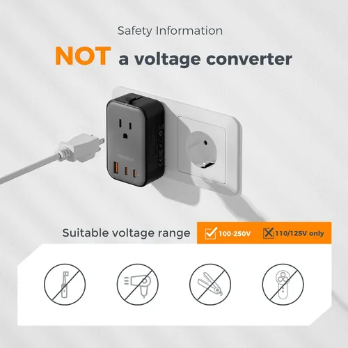 Miniatura 6 de TESSAN Adaptador de viaje 009, PD 20 W, adaptador de corriente universal 2 USB C 1 USB A, adaptador de enchufe internacional ultrafino, salida Negro