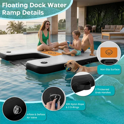 Miniatura 6 de AWEMUFA Muelle flotante inflable con rampa de 5 pies/6 pies/8 pies/10 pies, plataforma flotante flotante, tapete flotante de isla flotante, flotador