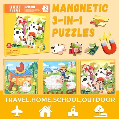Miniatura 3 de Rompecabezas magnéticos para niños pequeños de 1 a 3 años, 3 en 1, divertido rompecabezas de granja, rompecabezas de viaje para niños, juguete