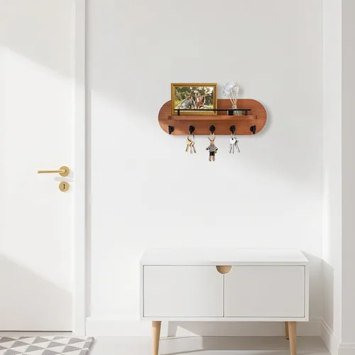Miniatura 4 de SANY DAYO HOME Soporte para Llaves de Pared de Madera Marrón con Perchero de Entrada con 5 Ganchos Dorados, Barandilla de Estante de Metal