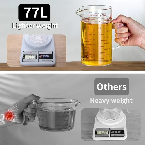 Miniatura 4 de 77L Taza medidora de vidrio, [escala de medición doble cara, mango aislado, pico en forma de V], taza medidora de vidrio de borosilicato de alta