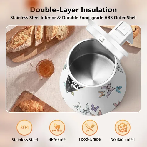 Miniatura 2 de Hervidor de agua interior de acero inoxidable de doble pared de 1.2L, inalámbrico, 1000 W de ebullición rápida con luz LED, cafetera y tetera