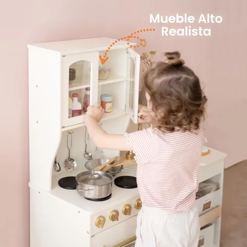 Miniatura 7 de Tiny Land - Cocina de juguete para niños, de madera, con sistema de almacenamiento, juego de cocina con muchas funciones de juego, de juguete