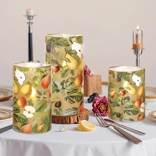 Miniatura 2 de Velas de otoño sin llama con temporizador remoto, de cristal de manzana y pera parpadeante, funciona con pilas, velas LED para decoración del hogar