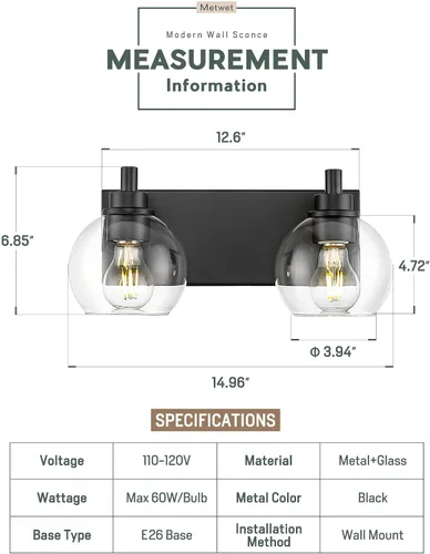 Miniatura 2 de Accesorios de iluminación de baño, luz de tocador mate negra de 2 luces, apliques de pared modernos con pantalla de globo de vidrio transparente