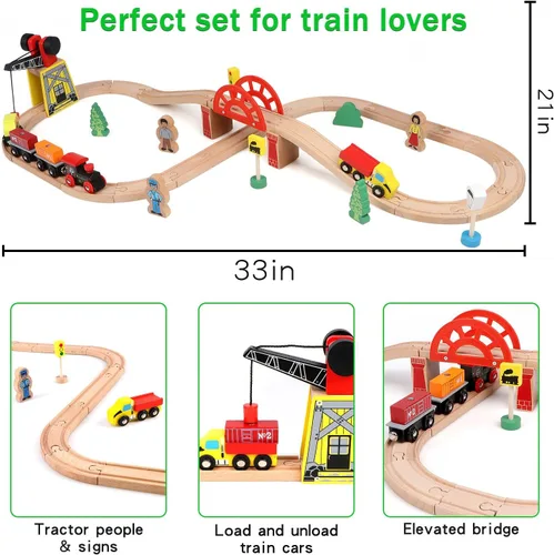 Miniatura 5 de Juego de trenes de madera Qilay para niños pequeños - 39 piezas de vías de tren de madera con grúa, puente y 5 trenes de madera - Juguetes de trenes