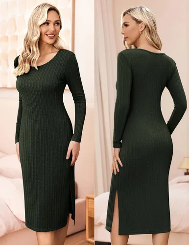 Miniatura 4 de Ekouaer Maternity Dress Rib Knit Long Sleeve Side Slit Bodycon Dresses Pregnancy Baby Shower Clothes S-XXL