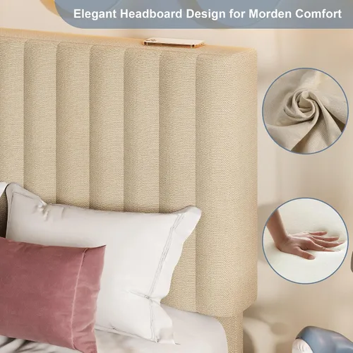 Miniatura 4 de Einhomn Base de cama tamaño individual con cabecero, base de cama tapizada de lino con listones de madera maciza, sin ruido, no necesita somier