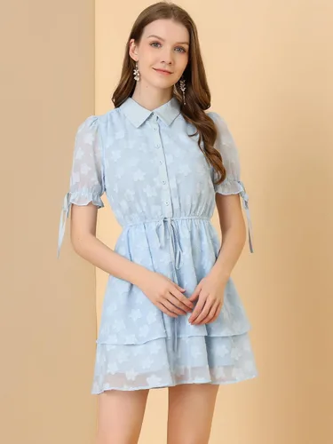 Miniatura 3 de Allegra K Peter Pan Collar Dress for Women's Floral Drawstring Chiffon Layered Shirt Dresses