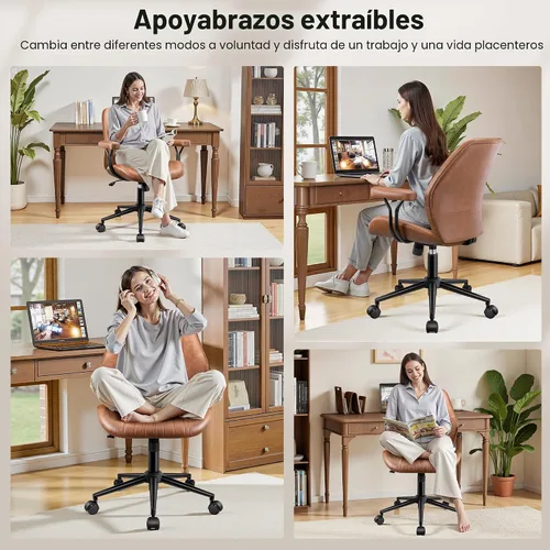 Miniatura 6 de HeroSet Silla de oficina de cuero con reposabrazos extraíbles, silla de escritorio ergonómica de respaldo medio con soporte lumbar, silla ejecutiva