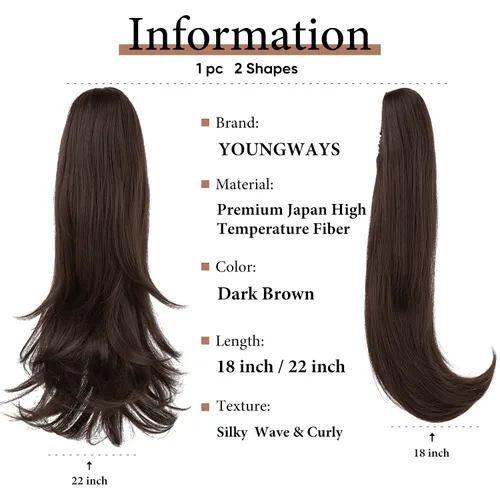 Miniatura 3 de Extensión de cola de caballo con clip, color marrón oscuro de 18 pulgadas, extensiones de cabello para mujer, cola de caballo larga y recta, cola