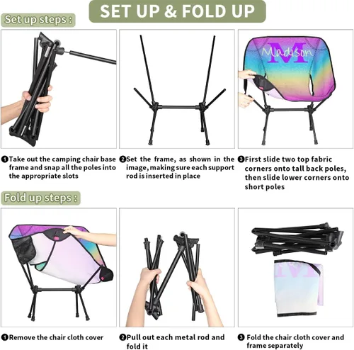 Miniatura 5 de Silla de camping personalizada portátil con nombre, silla plegable ligera para playa, senderismo, rosa, azul y dorado