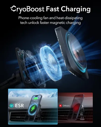 Miniatura 2 de ESR Cargador de Coche MagSafe con CryoBoost, Cargador MagSafe para automóvil con enfriamiento de teléfono, carga inalámbrica magnética