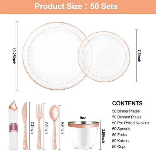 Miniatura 2 de Bestluck - 350 platos de plástico transparente con borde dorado rosa para 50 invitados, juego de vajilla desechable para fiestas y bodas, incluye