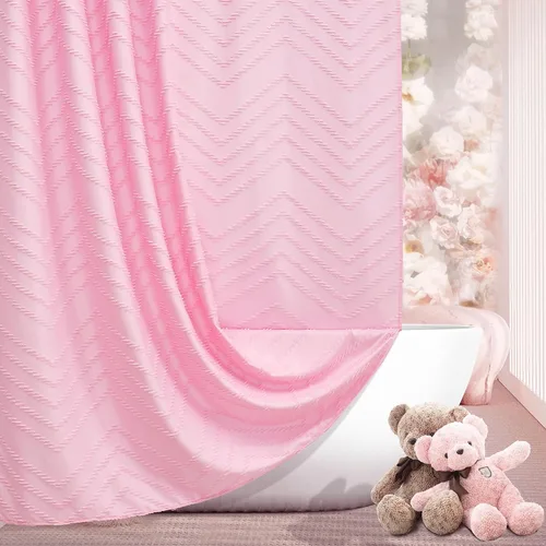 Siiluminisoy Cortina de ducha extralarga hecha de tela tejida, de estilo bohemio, de rayas chevrón y capitoné, color rosa, de 72x78 pulgadas,