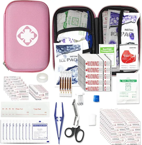 Kit de primeros auxilios de supervivencia para coche-hogar, kit de emergencia, color rosa, 273 piezas, suministros de viaje, set de primeros