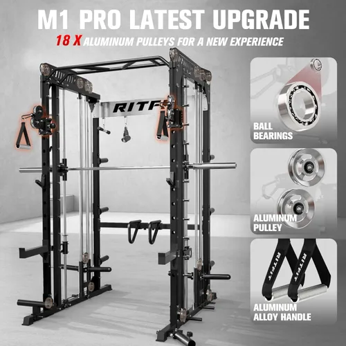 Miniatura 3 de RitFit Máquina M1 Pro Smith con sistema de cruce de cables, jaula multifunción para sentadillas para gimnasio en casa, rack de energía y paquetes