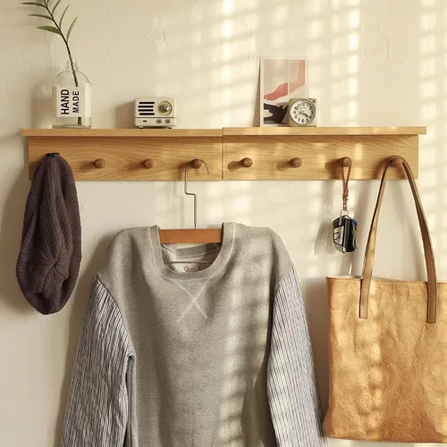 Miniatura 9 de Perchero de pared con estante, estante flotante de madera resistente con ganchos para ahorrar espacio interior, organizador de pared adecuado