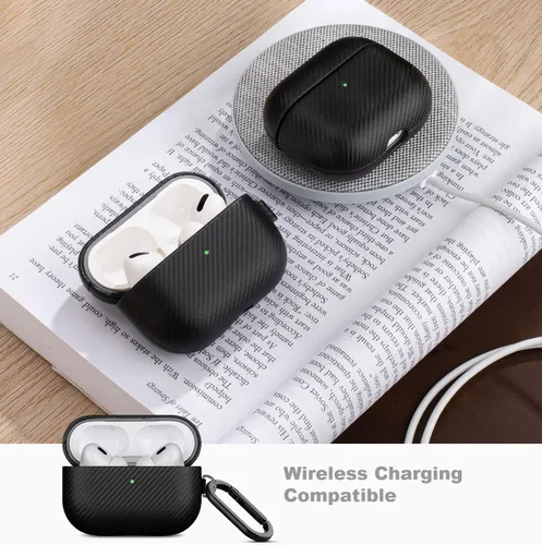 Miniatura 5 de LOPIE Funda hecha a mano para estuche de AirPods Pro de 1ª generación, funda de cuero vegano con textura de fibra de carbono con llavero y kit