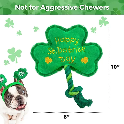 Miniatura 6 de Juguete para perros del día de San Patricio, juguetes chirriantes para perros con cuerda, juguetes de peluche de trébol de trébol, regalos del día