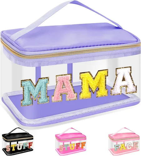 Miniatura 11 de izuzta Bolsas de maquillaje transparentes con letras de chenilla, bolsa de maquillaje de parche preppy con asa